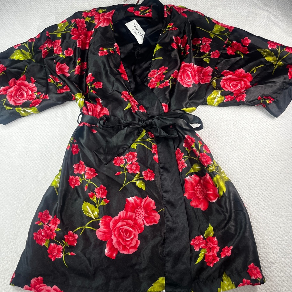 Vintage Sante Classics Robe and Nightgown Set Black‎ Red Floral Satin Large NEW